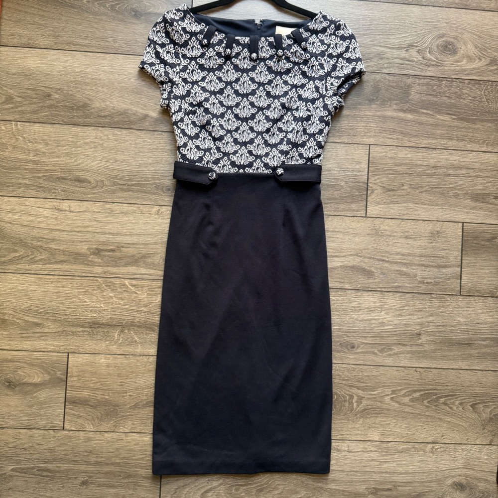 ModCloth XS Navy Blue White Damask Sheath Dress Short Sleeve Retro Pencil Dress